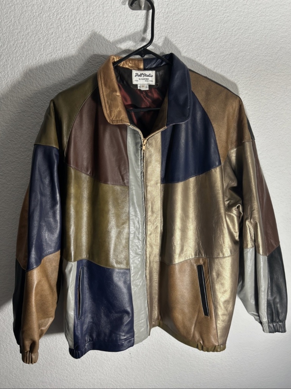 Sandro Pell Italia New York Leather Jacket Patchwork Collared Patchwork VTG XL